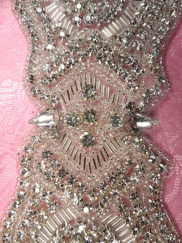 XR203 Bridal Sash Crystal Rhinestone Applique Silver Beaded 10.5
