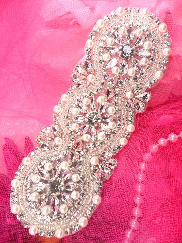 XR209 Bridal Sash Motif Silver Crystal Clear Glass and Acrylic Rhinestone Applique with Pearls 6