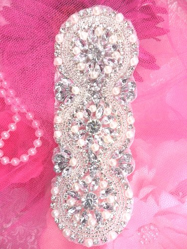 XR214 Bridal Sash Motif Silver Crystal Clear Glass Rhinestone Applique with Pearls 6