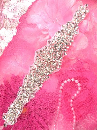 XR215 Bridal Sash Motif Silver Crystal Clear Glass Rhinestone Applique with Pearls 11