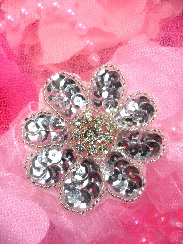 XR223 Silver Sequin Beaded Floral Crystal Rhinestone Centered Applique 2.5