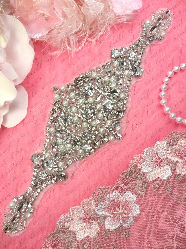 XR225 Bridal Motif Silver Crystal Clear Rhinestone Applique w/ Pearls 10