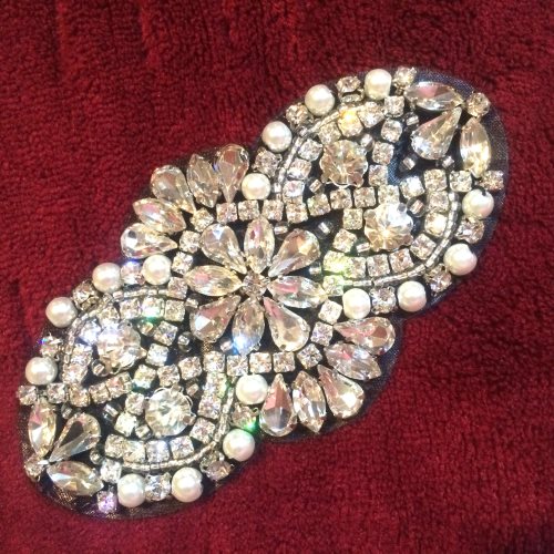 XR232 Bridal Sash Applique Crystal Rhinestones Silver Beads Black Backing w/ Pearls 3.5\