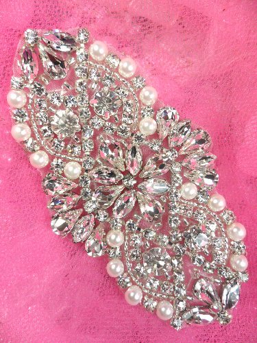 XR232 Bridal Motif Silver Crystal Clear Rhinestone Applique w/ Pearls 3.5\