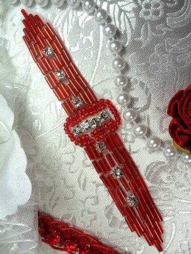 Red Beaded Crystal Rhinestone Applique Sewing Patch 4.75 XR242