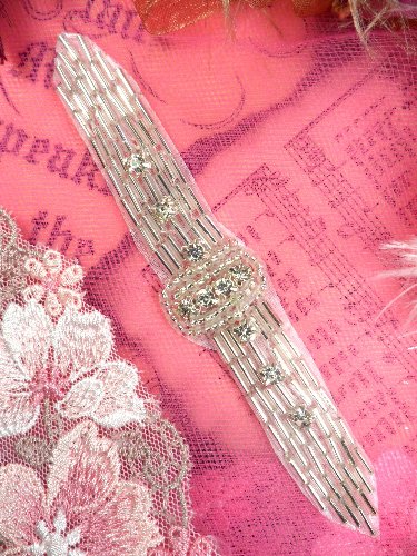 XR242 Silver Crystal Beaded Applique Sewing Patch 4.75\