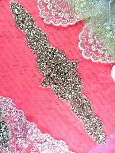 XR246 Crystal Rhinestone Applique Bridal Sash Motif Silver Beaded & Glass 10