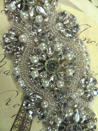XR247 Bridal Sash Motif Silver Beaded Crystal Rhinestone Applique w/ Pearls 6.25