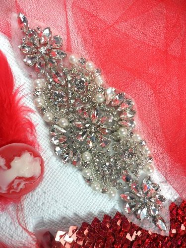 XR249 Bridal Motif Silver Crystal Clear Rhinestone Applique w/ Pearls 6