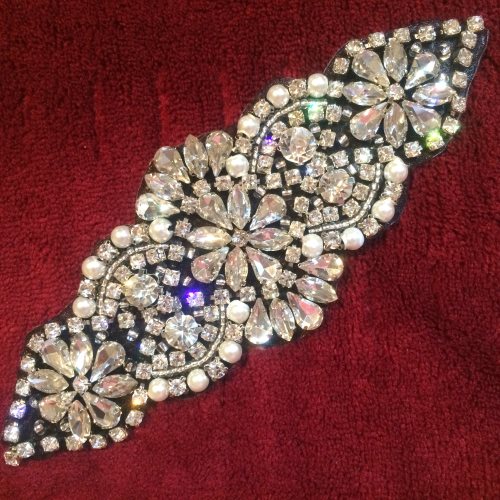 XR250 Bridal Sash Applique Crystal Rhinestones Silver Beads Black Backing w/ Pearls 6
