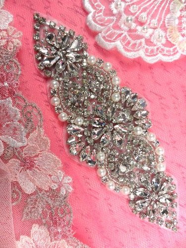 XR250 Bridal Motif Silver Crystal Clear Rhinestone Applique w/ Pearls 6\