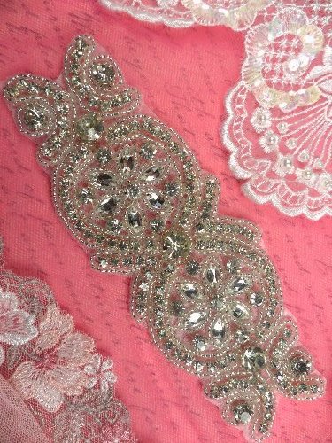 XR251 Crystal Rhinestone Applique Bridal Sash Motif Silver Beaded & Glass 6.75