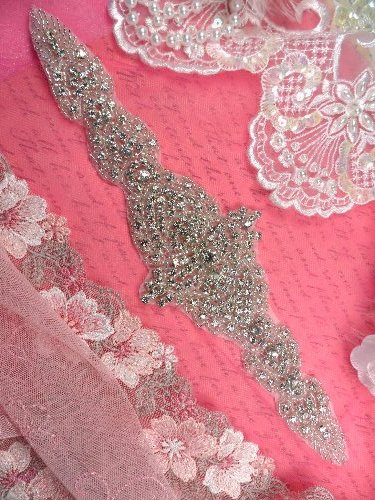 XR252 Crystal Rhinestone Applique Bridal Sash Motif Silver Beaded & Glass 10.5