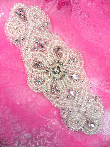 XR253 Elegant Bridal Motif Silver Crystal Clear Rhinestone Applique w/ Pearls 7\