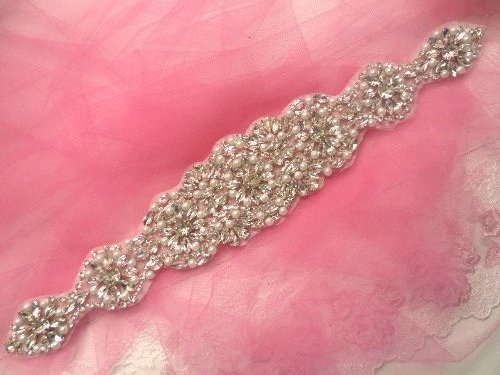 XR257 Crystal Rhinestone Applique Silver Settings w/ Pearls 13.75