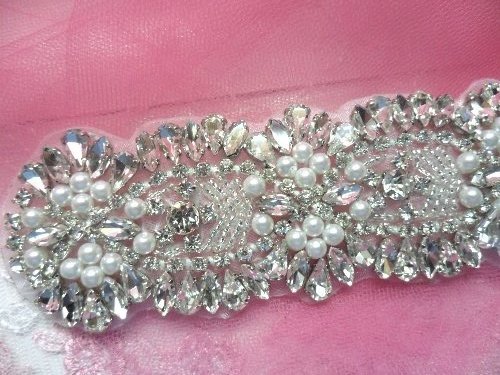 Crystal Rhinestone Applique Silver Beaded w/ Pearls Costume Dance Patch 7.5" XR260