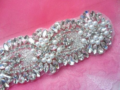 Crystal Rhinestone Applique Silver Beaded w/ Pearls Costume Dance Patch 7.5" XR260