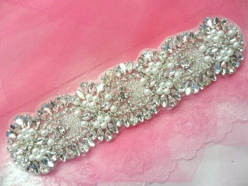 Crystal Rhinestone Applique Silver Beaded w/ Pearls Costume Dance Patch 7.5 XR260