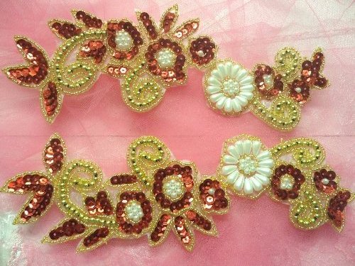 XR264 Appliques Mirror Pair Red Sequin Gold Beaded W/Pearls 9