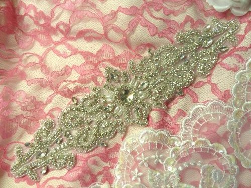 XR265 Crystal Rhinestone Applique Silver Beaded w/ Pearls 11.5