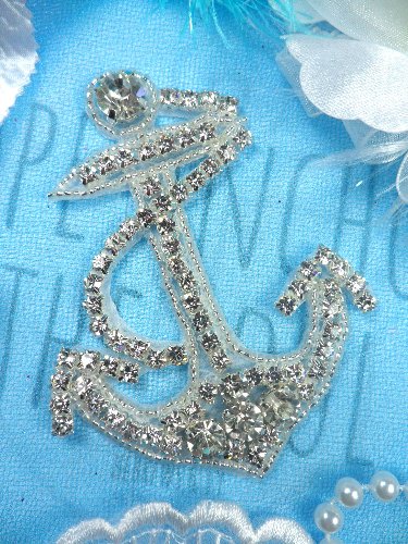 XR271 Anchor For My Soul Crystal Clear Glass Rhinestone Silver Beaded Nautical Applique 3.5