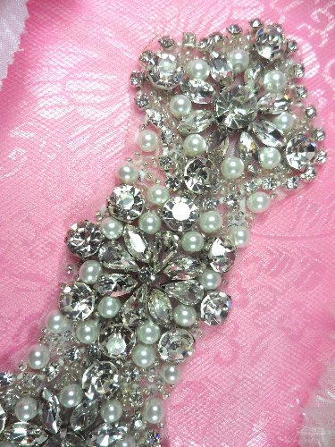 Bridal Sash Motif Silver Crystal Clear Glass Rhinestone Applique with Pearls 9.5" XR272