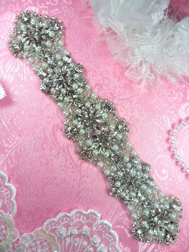 Bridal Sash Motif Silver Crystal Clear Glass Rhinestone Applique with Pearls 9.5 XR272
