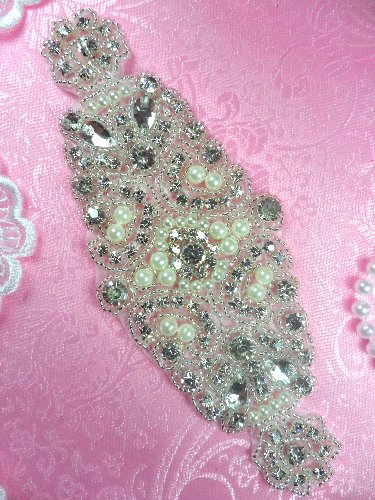 Bridal Sash Motif Silver Crystal Clear Glass Rhinestone Applique with Pearls 7 XR273