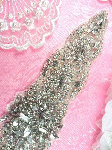 XR274 Bridal Sash Crystal Rhinestone Applique Silver Beaded 9.5"