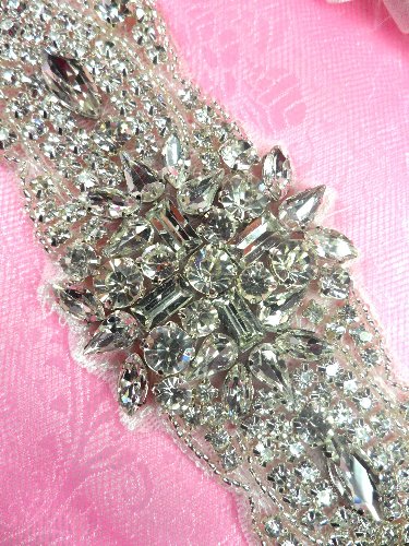 XR274 Bridal Sash Crystal Rhinestone Applique Silver Beaded 9.5"