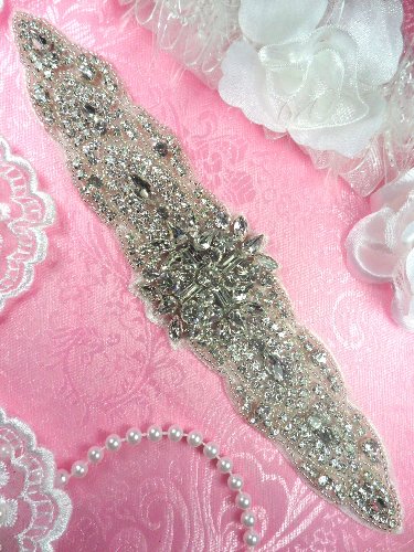 XR274 Bridal Sash Crystal Rhinestone Applique Silver Beaded 9.5