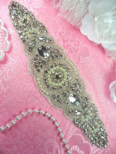 XR276 Bridal Sash Motif Silver Crystal Clear Glass Rhinestone Applique with Pearls 8