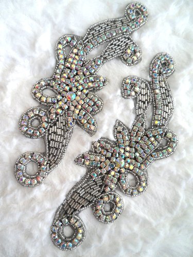XR27 Black Backing Crystal AB Aurora Borealis Rhinestone Appliques Silver Beaded Mirror Pair 7.5