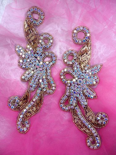 XR27 Black Backing Aurora Borealis Crystal AB Rhinestone Appliques Gold Beaded Mirror Pair 7.5