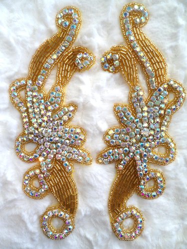 XR27 Gold Beaded Crystal AB Aurora Borealis Rhinestone Appliques Mirror Pair 7.5\