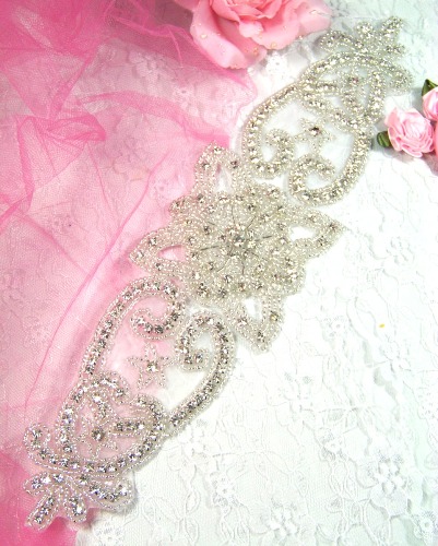 XR28  Bridal Sash Beaded Rhinestone Applique 12.75\