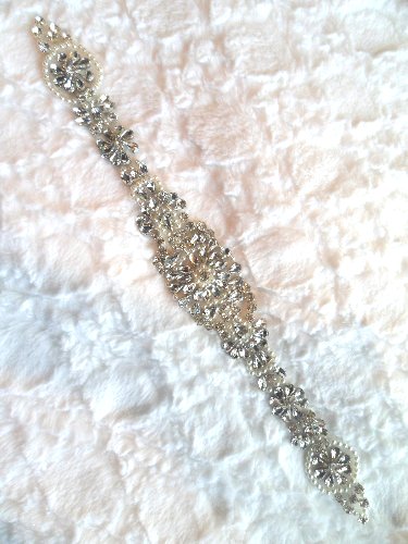XR289 Crystal Rhinestone Applique Silver Setting w/ Pearls Bridal Sash Patch Motif 15