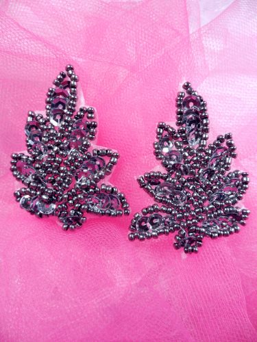 XR293 Leaf Appliques Sequin Gunmetal Mirror Pair Beaded Motif 2\