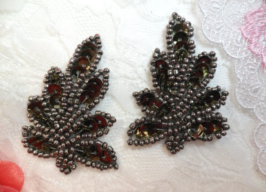 Leaf Appliques Sequin Smoke Mirror Pair Beaded Motif 2 (XR293X)