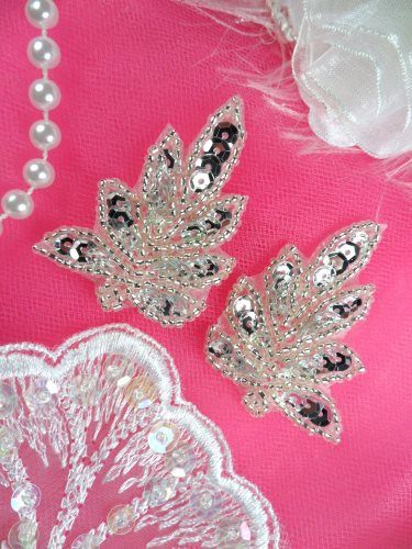 XR293 Leaf Appliques Sequin Silver Mirror Pair Beaded Motif 2\
