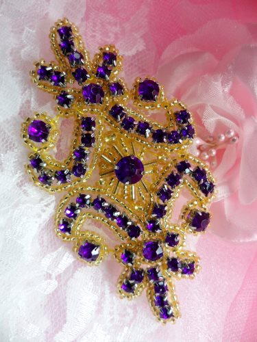 XR295 Purple Rhinestone Gold Beaded Applique 4\