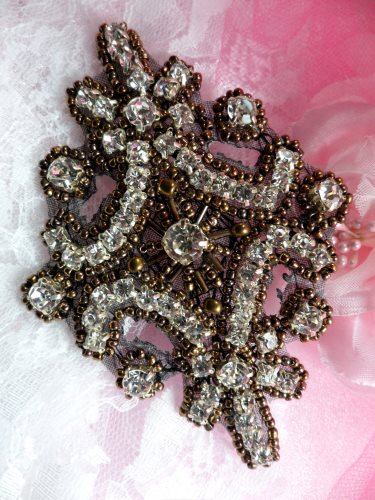 XR298 Crystal Rhinestone Bronze Beaded Applique 4