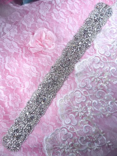Bridal Sash Motif Silver Crystal Clear Glass Rhinestone Applique 18.5 XR304