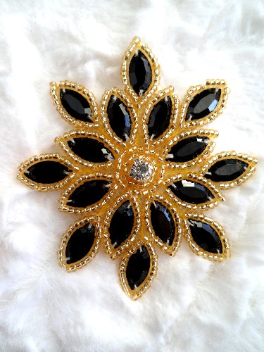 XR32  Applique Black Gold Beaded Snowflake Rhinestone Center 3\