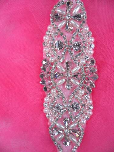 Bridal Sash Motif Silver Beaded Crystal Rhinestone Applique w/ Pearls 8" XR323