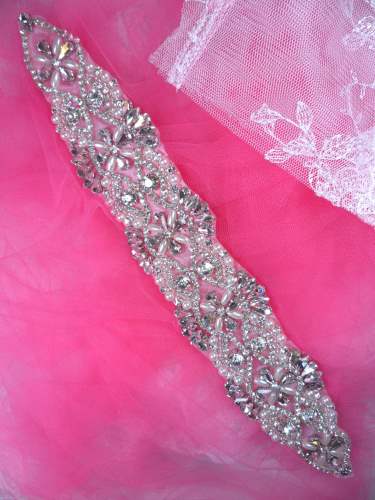 XR324 Bridal Sash Motif Silver Beaded Crystal Rhinestone Applique w/ Pearls 12\