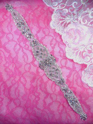 XR329 Bridal Sash Motif Silver Beaded Crystal Rhinestone Applique w/ Pearls 15.75