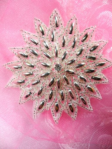 XR33 Snowflake Star Applique Silver Beaded Sewing Patch 3.25\