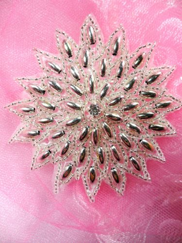 XR33 Snowflake Star Applique Silver Beaded Sewing Patch 3.25\