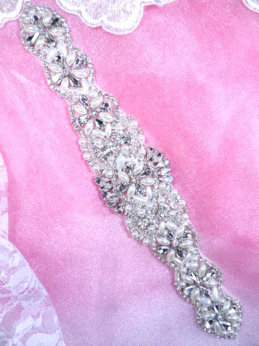 XR346 Pearl Applique Crystal Clear Silver Beaded Rhinestone 10.25